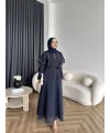 Fuş - Chic Nakış Detay Parlak Tensel Elbise - Lacivert