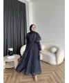 Fuş - Chic Nakış Detay Parlak Tensel Elbise - Lacivert