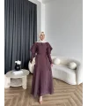 Fuş - Chic Nakış Detay Parlak Tensel Elbise - Mürdüm