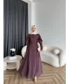 Fuş - Chic Nakış Detay Parlak Tensel Elbise - Mürdüm