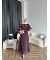 Fuş - Chic Nakış Detay Parlak Tensel Elbise - Mürdüm