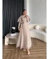 Fuş - Chic Nakış Detay Parlak Tensel Elbise - Bej