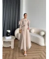 Fuş - Chic Nakış Detay Parlak Tensel Elbise - Bej
