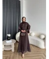 Fuş - Chic Nakış Detay Parlak Tensel Elbise - Kahve