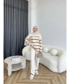 Çizgili Triko Takım - Bej