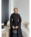 Fuş - Birit Bağlamalı Dantel Elbise - Siyah