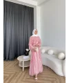 Fuş - Liya Çizgili Yaka Detay Elbise - Koyu Pembe