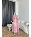 Fuş - Liya Çizgili Yaka Detay Elbise - Koyu Pembe