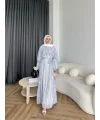 Fuş - Liya Çizgili Yaka Detay Elbise - Mavi