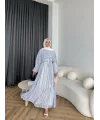 Fuş - Liya Çizgili Yaka Detay Elbise - Mavi