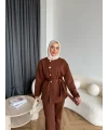 Gold Düğmeli 3 İplik Takım - Kahve