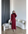 Gold Düğmeli Triko Elbise - Bordo