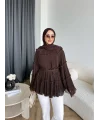 Hen - Piliseli Şifon Bluz - Kahve