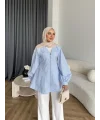 Hen - Sergan V Yaka Fermuarlı Gömlek - Bebe Mavi