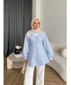 Hen - Sergan V Yaka Fermuarlı Gömlek - Bebe Mavi