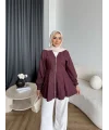 Hen - Sergan V Yaka Fermuarlı Gömlek - Bordo