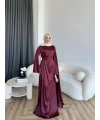 Hen - Volan Saten Elbise - Bordo