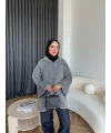 Kapşonlu Simli Hırka - Gri