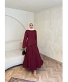 Keten Kırışık Etek Takım - Bordo