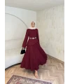 Keten Kırışık Etek Takım - Bordo