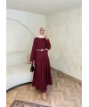 Keten Kırışık Etek Takım - Bordo