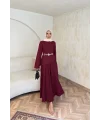 Keten Kırışık Etek Takım - Bordo