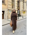 Nes Yaka Triko Elbise - Kahve