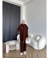 Örgü Atkı Detaylı Triko Takım - Acı Kahve