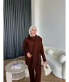 Örgü Atkı Detaylı Triko Takım - Acı Kahve