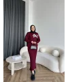 Pls-Çiçek Detay Jile Elbise - Bordo