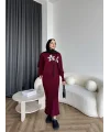 Pls-Çiçek Detay Jile Elbise - Bordo