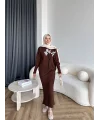 Pls-Çiçek Detay Jile Elbise - Kahve