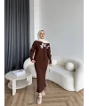 Pls-Çiçek Detay Jile Elbise - Kahve