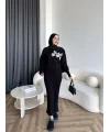 Pls-Çiçek Detay Jile Elbise - Siyah
