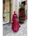 Taşlı Saten Etek - Bordo