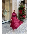 Taşlı Saten Etek - Bordo