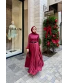 Taşlı Saten Etek - Bordo