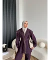 Tb - Selny Fermuarlı Kemerli Kot Takım - Bordo