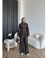Tb - Yan Fermuar Detay Denim Takım - Kahve