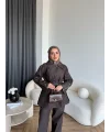 Tb - Yan Fermuar Detay Denim Takım - Kahve