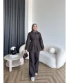 Tb - Yan Fermuar Detay Denim Takım - Kahve