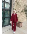 Zeyn Düğmeli Triko Takım - Bordo