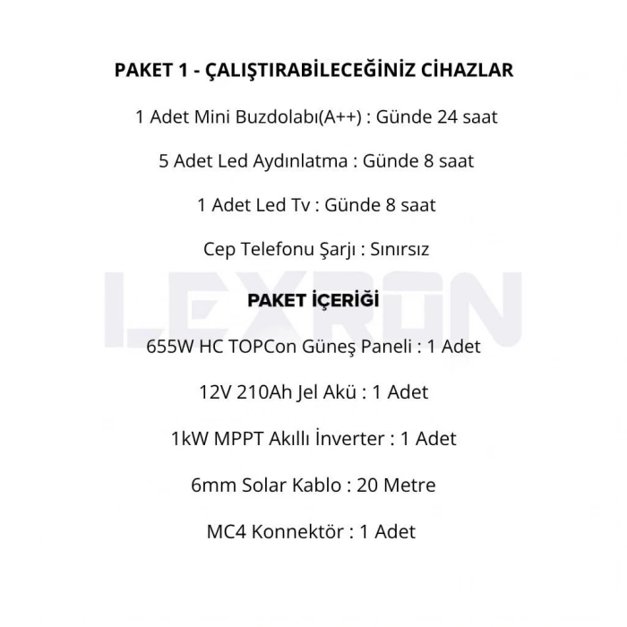 1kW JEL AKÜLÜ SOLAR PAKET SİSTEM (PAKET 1)