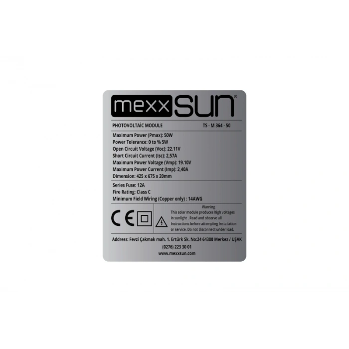 50W Monokristal Güneş Paneli