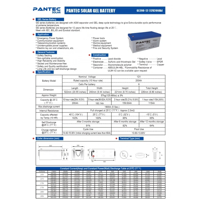 Pantec Solar 12V 200Ah Derin Döngü Jel Akü