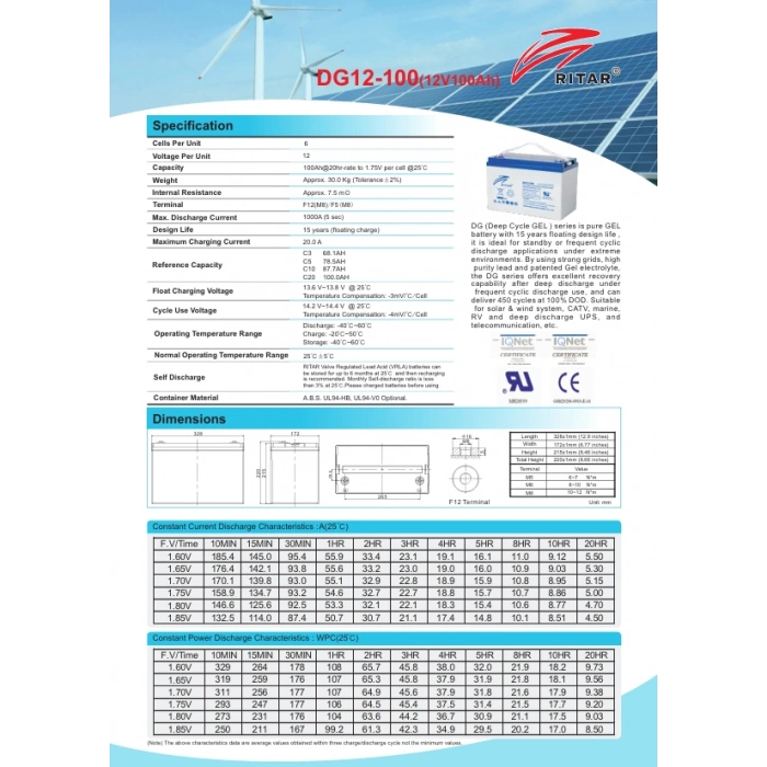 Ritar 100Ah Jel Akü – DG12-100 Derin Döngü Jel Akü