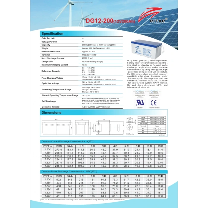 Ritar 200Ah Jel Akü – DG12-200 Derin Döngü Jel Akü