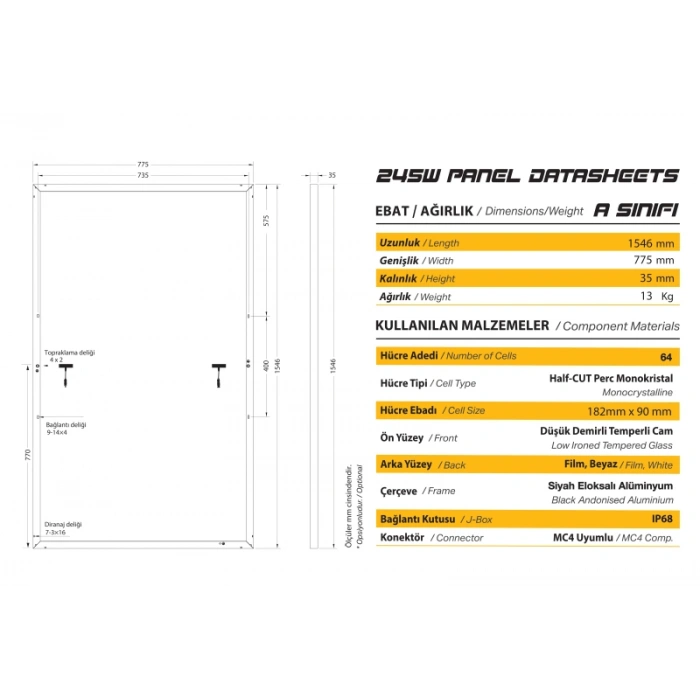 GSE245 GAZİOĞLU HALFCUT MONOPOWER FOTOVOLTAİK GÜNEŞ PANELİ (A class)