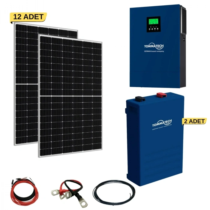 TommaTech 8 kW Hibrit Yüksek kapasiteli 12 PANEL Lityum Akülü Solar Enerji Paketi - II