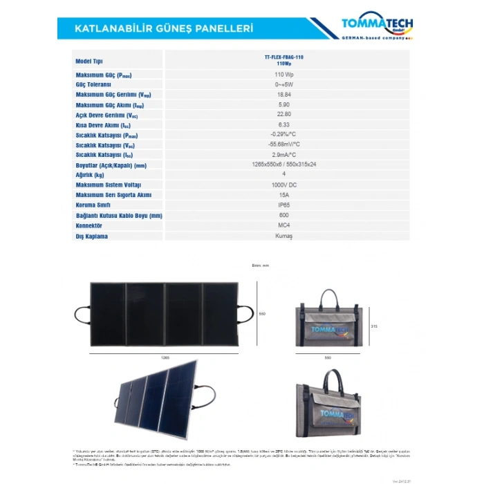 TommaTech Easy Life 110Wp Katlanabilir Güneş Paneli